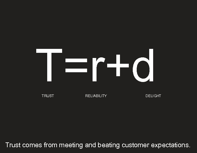 T=r+d TRUST RELIABILITY DELIGHT Trust comes from meeting and beating customer expectations. 