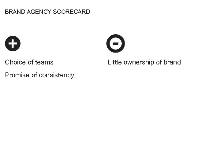 BRAND AGENCY SCORECARD Choice of teams Promise of consistency Little ownership of brand 