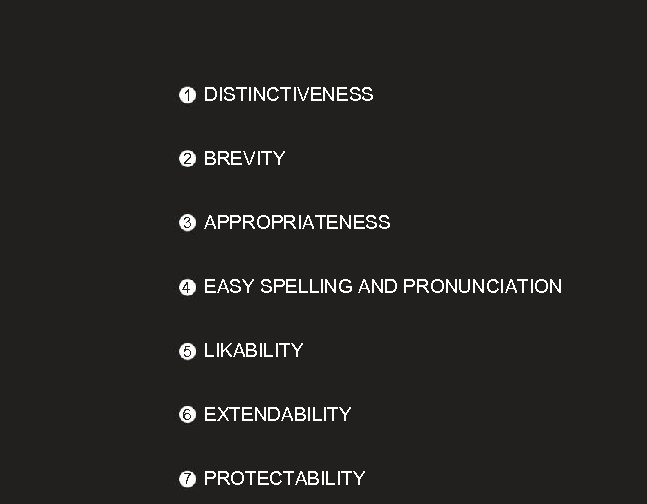 1 DISTINCTIVENESS 2 BREVITY 3 APPROPRIATENESS 4 EASY SPELLING AND PRONUNCIATION 5 LIKABILITY 6