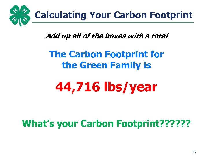 Calculating Your Carbon Footprint Add up all of the boxes with a total The