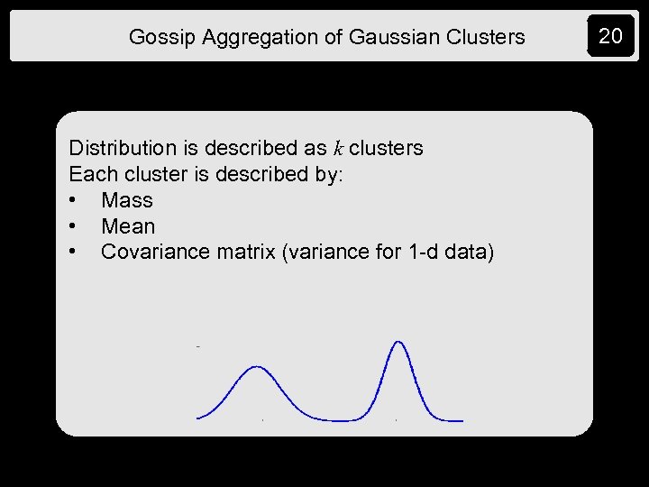 Gossip Aggregation of Gaussian Clusters Distribution is described as k clusters Each cluster is