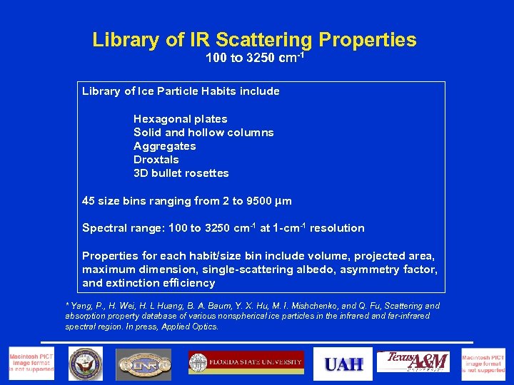 Library of IR Scattering Properties 100 to 3250 cm-1 Library of Ice Particle Habits