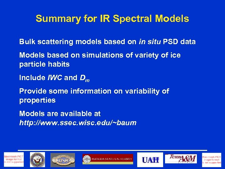 Summary for IR Spectral Models Bulk scattering models based on in situ PSD data