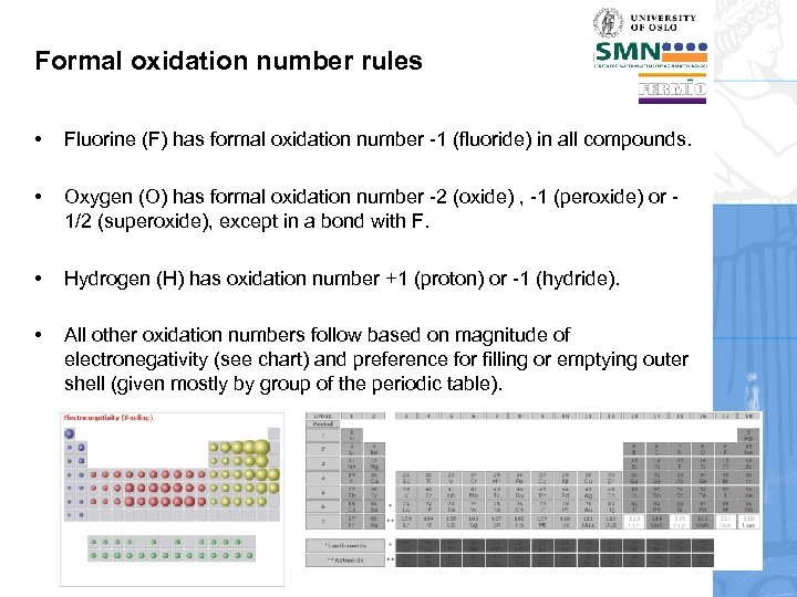 Formal oxidation number rules • Fluorine (F) has formal oxidation number -1 (fluoride) in