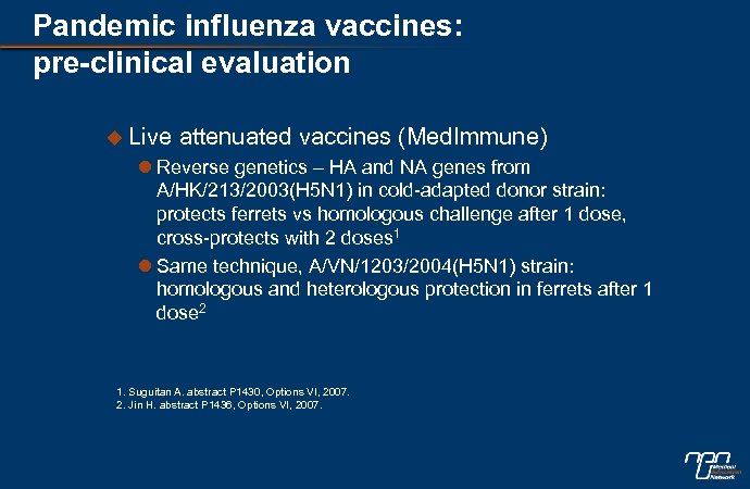 Pandemic influenza vaccines: pre-clinical evaluation u Live attenuated vaccines (Med. Immune) l Reverse genetics