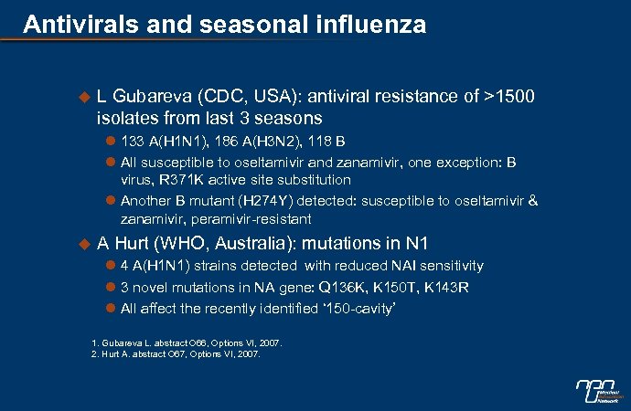 Antivirals and seasonal influenza u L Gubareva (CDC, USA): antiviral resistance of >1500 isolates