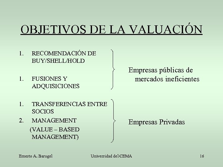 OBJETIVOS DE LA VALUACIÓN 1. RECOMENDACIÓN DE BUY/SHELL/HOLD Empresas públicas de mercados ineficientes FUSIONES