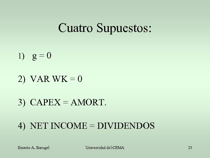 Cuatro Supuestos: 1) g = 0 2) VAR WK = 0 3) CAPEX =