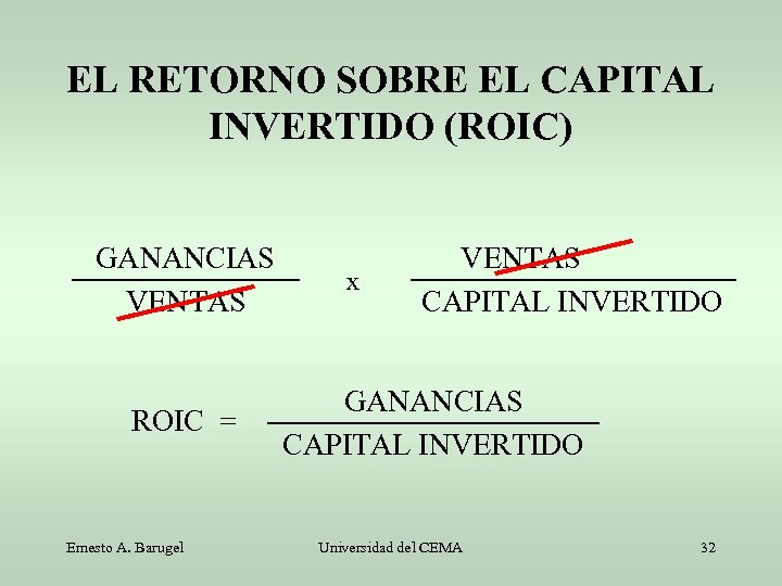 EL RETORNO SOBRE EL CAPITAL INVERTIDO (ROIC) GANANCIAS VENTAS ROIC = Ernesto A. Barugel