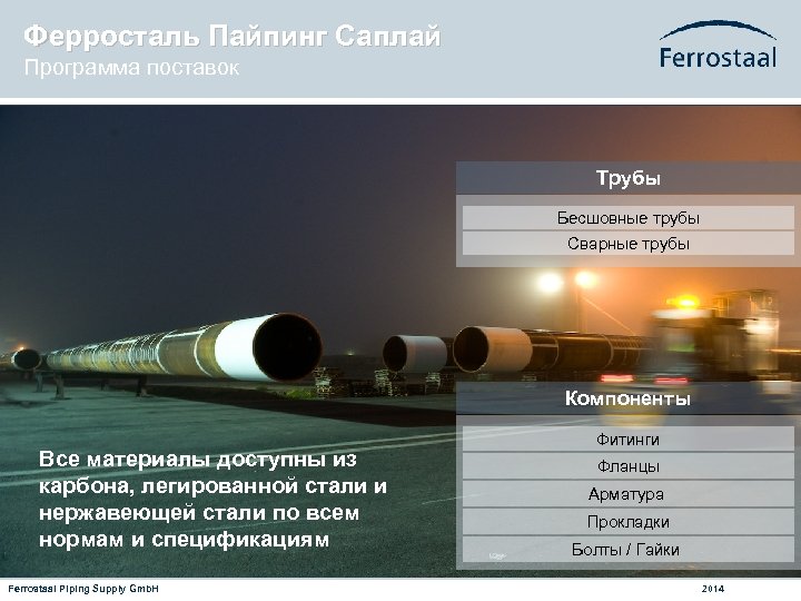 Ферросталь Пайпинг Саплай Программа поставок Трубы Бесшовные трубы Сварные трубы Компоненты Все материалы доступны