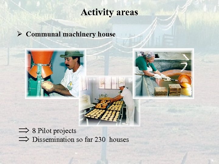 Activity areas Ø Communal machinery house Þ 8 Pilot projects Þ Dissemination so far