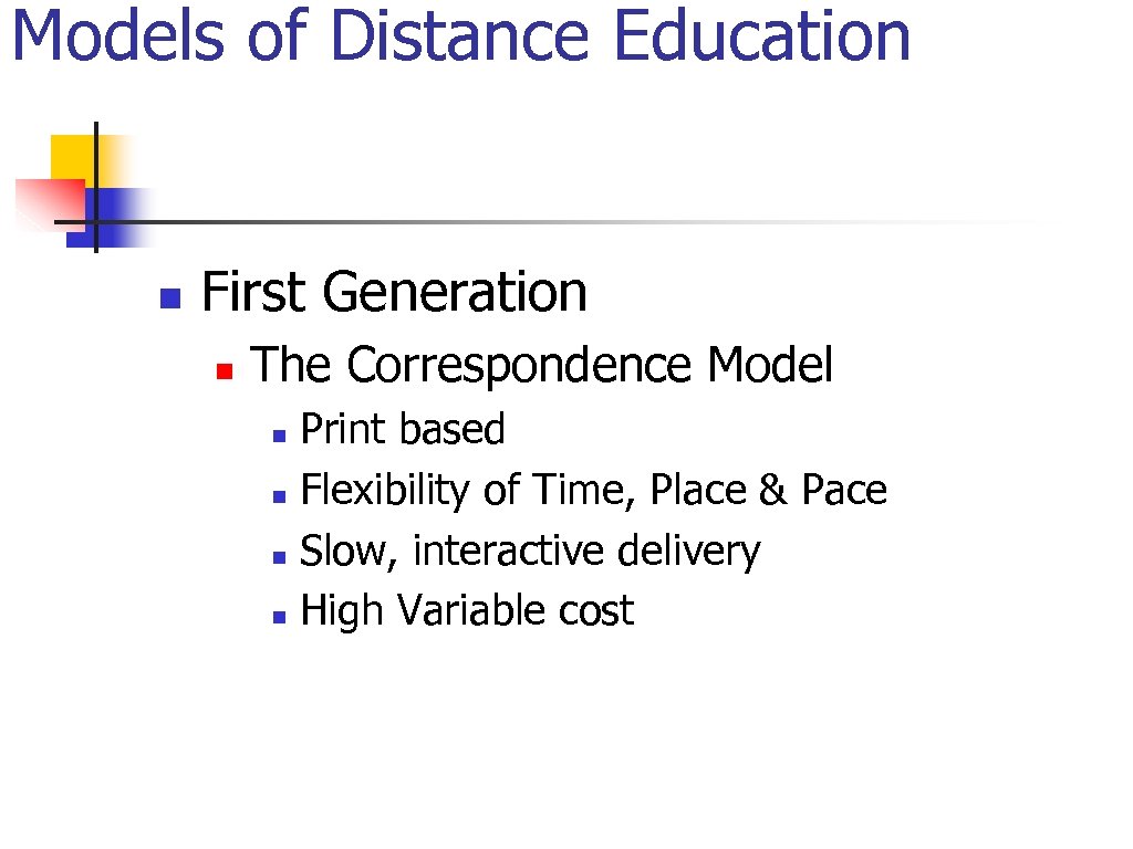 Models of Distance Education n First Generation n The Correspondence Model Print based n