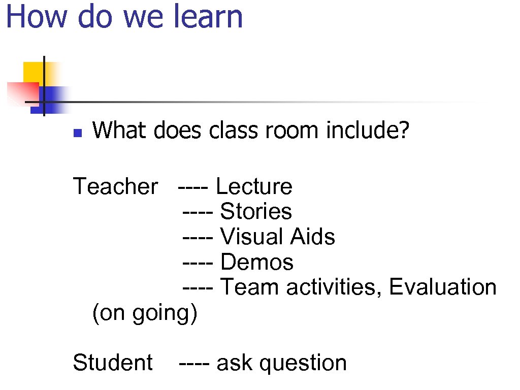 How do we learn n What does class room include? Teacher ---- Lecture ----