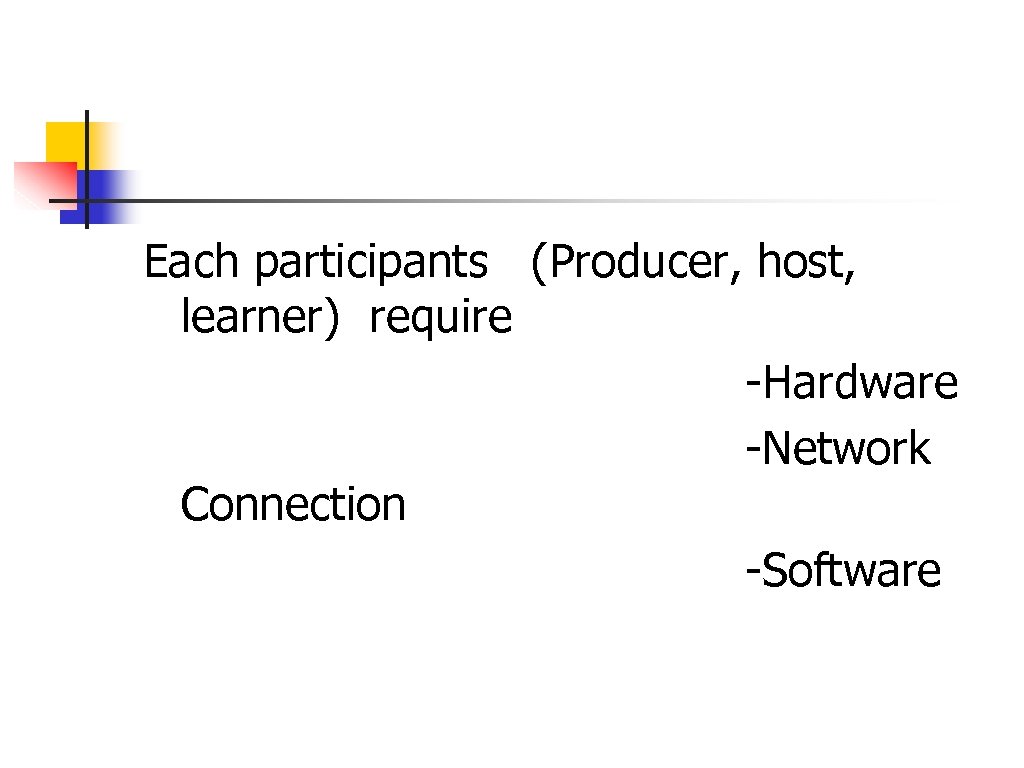 Each participants (Producer, host, learner) require -Hardware -Network Connection -Software 
