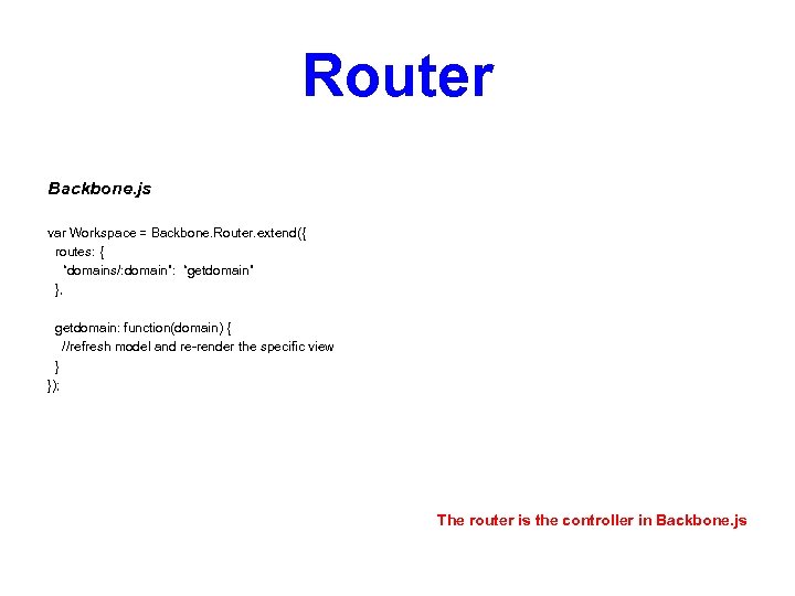 Router Backbone. js var Workspace = Backbone. Router. extend({ routes: { “domains/: domain”: “getdomain”