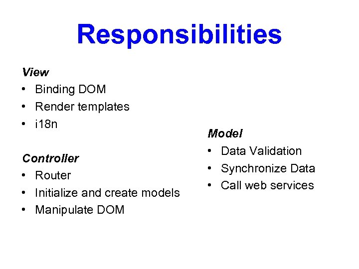 Responsibilities View • Binding DOM • Render templates • i 18 n Controller •