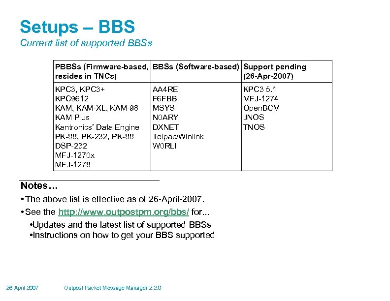 Setups – BBS Current list of supported BBSs PBBSs (Firmware-based, BBSs (Software-based) Support pending