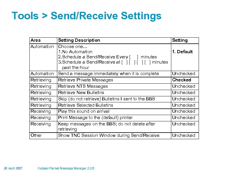 Tools > Send/Receive Settings Area Setting Description Automation Choose one… 1. No Automation 2.
