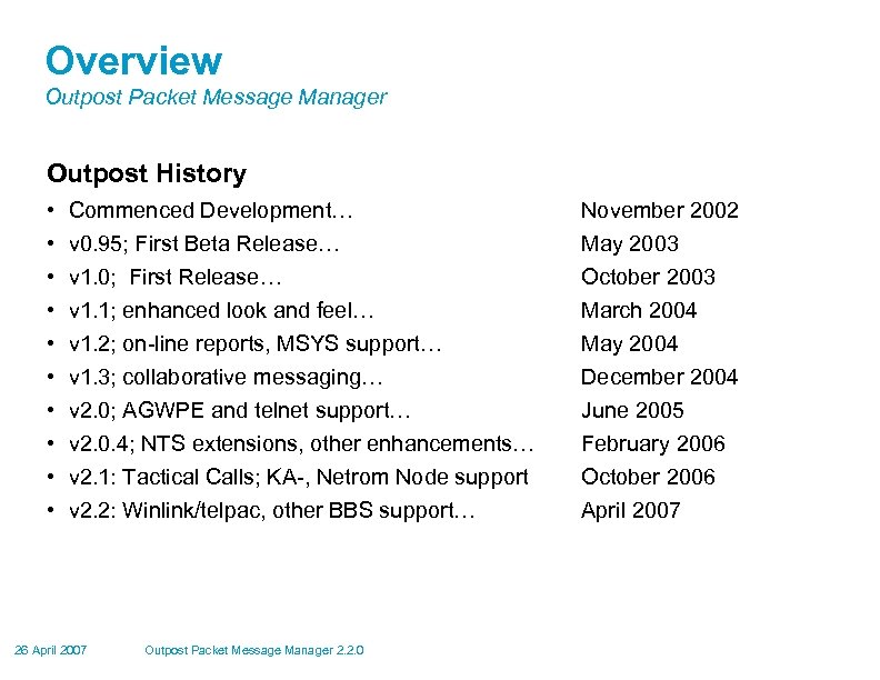 Overview Outpost Packet Message Manager Outpost History • • • Commenced Development… November 2002