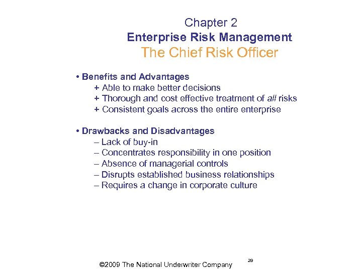  Chapter 2 Enterprise Risk Management The Chief Risk Officer • Benefits and Advantages