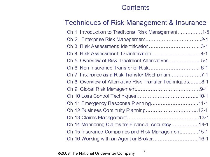 Contents Techniques of Risk Management & Insurance Ch 1 Introduction to Traditional Risk Management……………