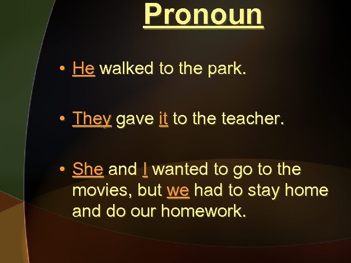 Pronoun • He walked to the park. • They gave it to the teacher.