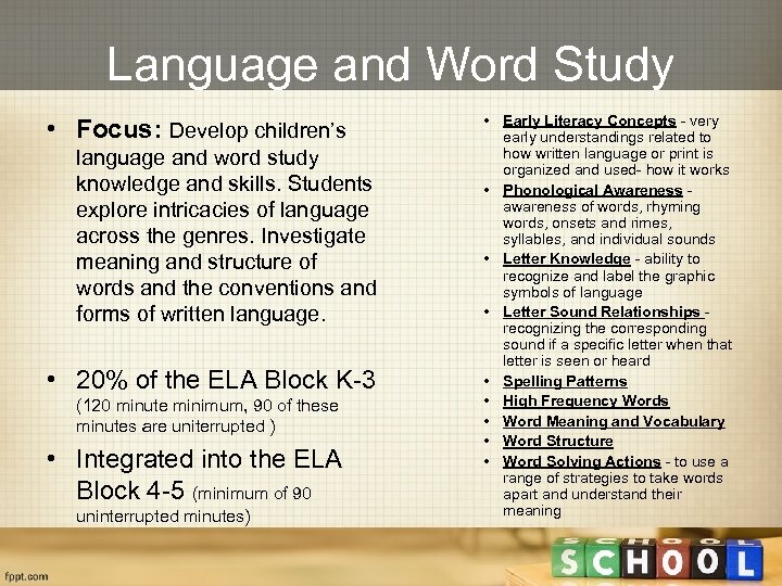Language and Word Study • Focus: Develop children’s language and word study knowledge and