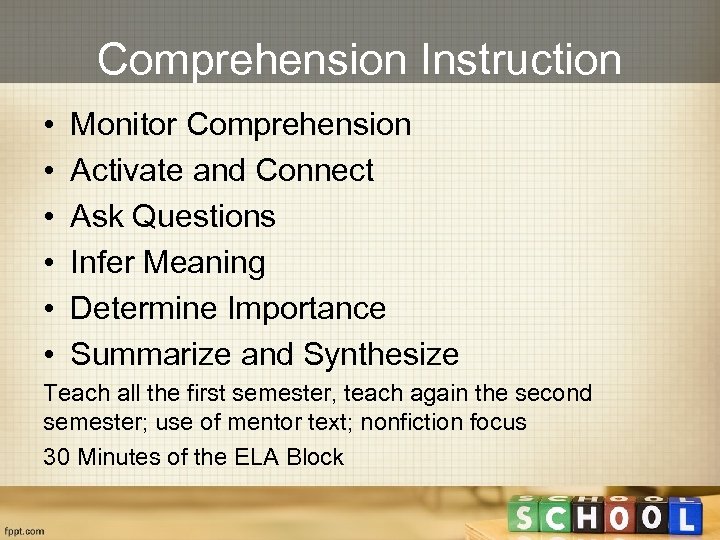 Comprehension Instruction • • • Monitor Comprehension Activate and Connect Ask Questions Infer Meaning