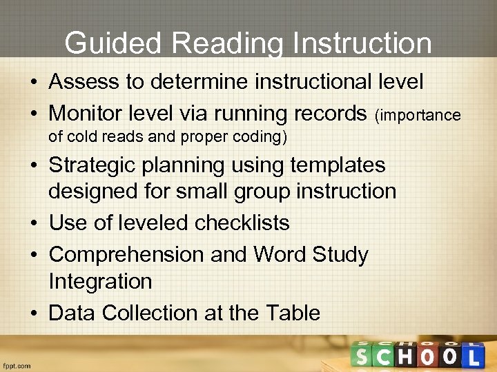 Guided Reading Instruction • Assess to determine instructional level • Monitor level via running