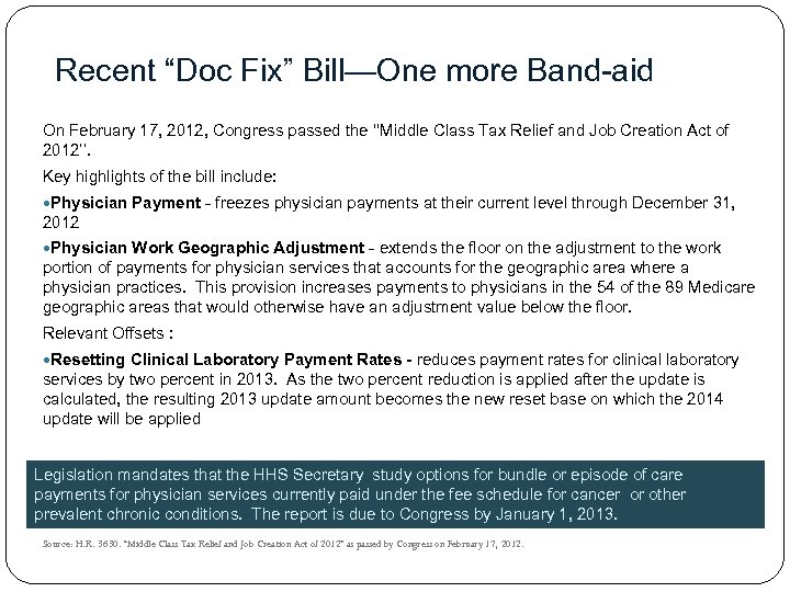 Recent “Doc Fix” Bill—One more Band-aid On February 17, 2012, Congress passed the ‘‘Middle