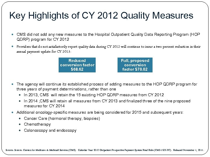 Key Highlights of CY 2012 Quality Measures CMS did not add any new measures