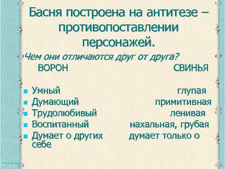 Басня построена на антитезе – противопоставлении персонажей. Чем они отличаются друг от друга? ВОРОН