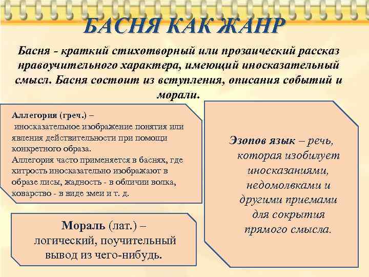 БАСНЯ КАК ЖАНР Басня краткий стихотворный или прозаический рассказ нравоучительного характера, имеющий иносказательный смысл.