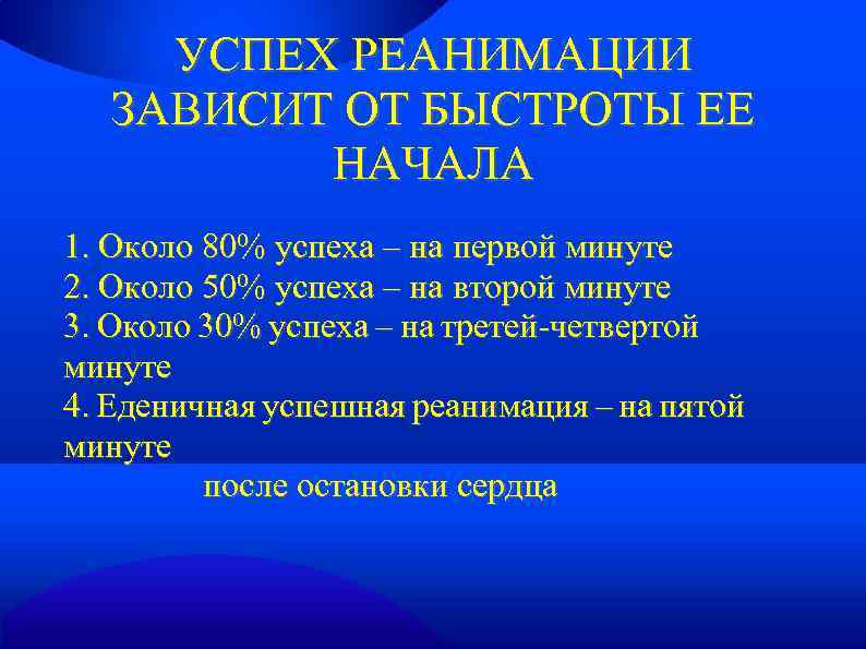 УСПЕХ РЕАНИМАЦИИ ЗАВИСИТ ОТ БЫСТРОТЫ ЕЕ НАЧАЛА 1. Около 80% успеха – на первой
