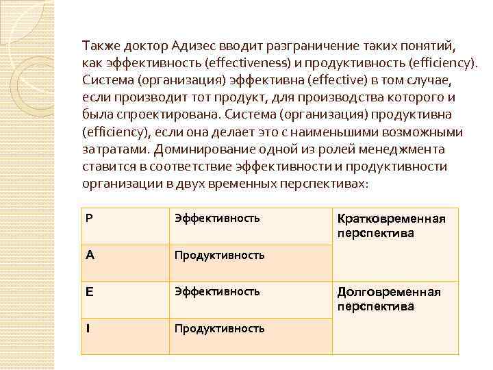 Также доктор Адизес вводит разграничение таких понятий, как эффективность (effectiveness) и продуктивность (efficiency). Система