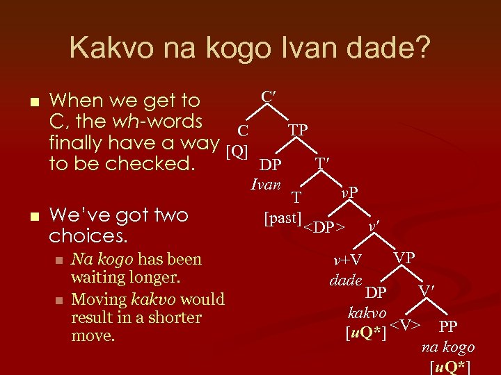 Kakvo na kogo Ivan dade? n C When we get to C, the wh-words