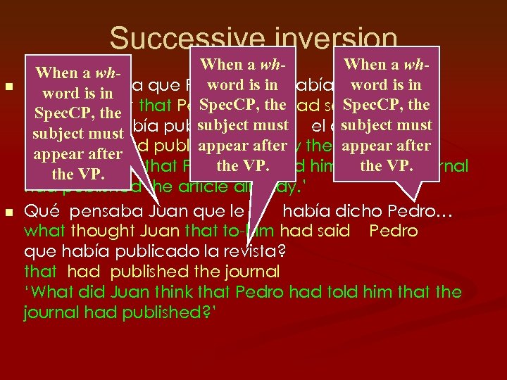 Successive inversion n n When a whword is in Juan pensaba que Pedro le