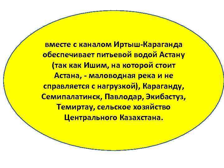 вместе с каналом Иртыш-Караганда обеспечивает питьевой водой Астану (так как Ишим, на которой стоит