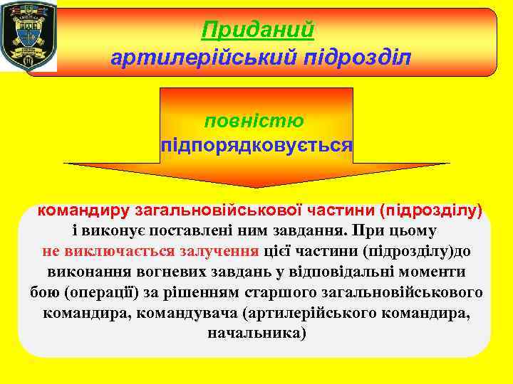 Приданий артилерійський підрозділ повністю підпорядковується командиру загальновійськової частини (підрозділу) і виконує поставлені ним завдання.