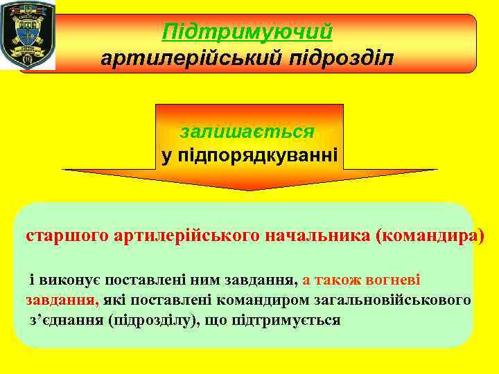 Підтримуючий артилерійський підрозділ залишається у підпорядкуванні старшого артилерійського начальника (командира) і виконує поставлені ним