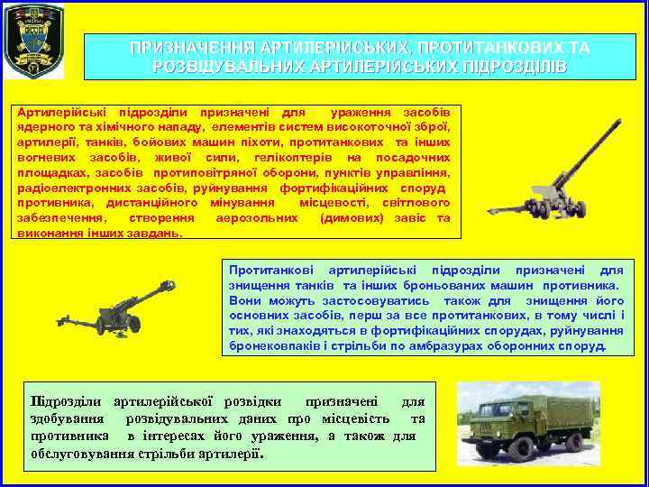 ПРИЗНАЧЕННЯ АРТИЛЕРІЙСЬКИХ, ПРОТИТАНКОВИХ ТА РОЗВІДУВАЛЬНИХ АРТИЛЕРІЙСЬКИХ ПІДРОЗДІЛІВ Артилерійські підрозділи призначені для ураження засобів ядерного