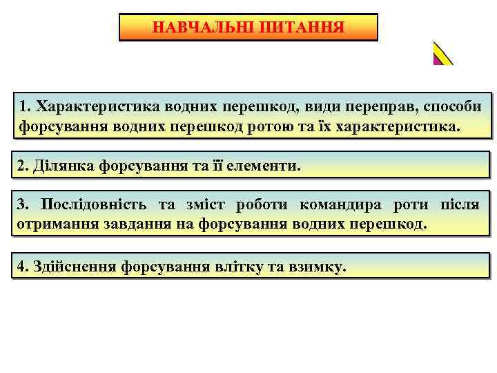 НАВЧАЛЬНІ ПИТАННЯ 1. Характеристика водних перешкод, види переправ, способи форсування водних перешкод ротою та