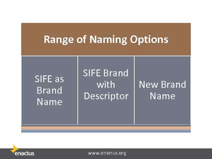 Range of Naming Options SIFE as Brand Name SIFE Brand with New Brand Descriptor