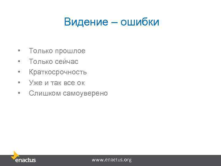 Видение – ошибки • • • Только прошлое Только сейчас Краткосрочность Уже и так