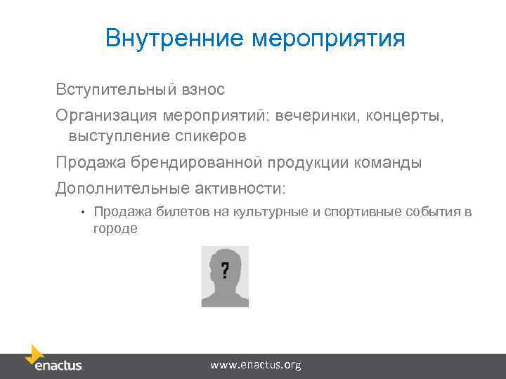 Внутренние мероприятия Вступительный взнос Организация мероприятий: вечеринки, концерты, выступление спикеров Продажа брендированной продукции команды