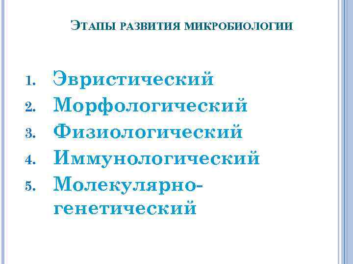 ЭТАПЫ РАЗВИТИЯ МИКРОБИОЛОГИИ 1. 2. 3. 4. 5. Эвристический Морфологический Физиологический Иммунологический Молекулярногенетический 