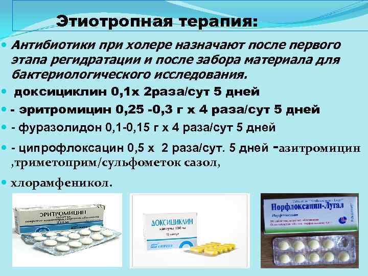 Этиотропная терапия: Антибиотики при холере назначают после первого этапа регидратации и после забора материала