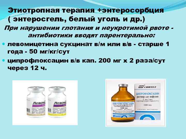 Этиотропная терапия +энтеросорбция ( энтеросгель, белый уголь и др. ) При нарушении глотания и