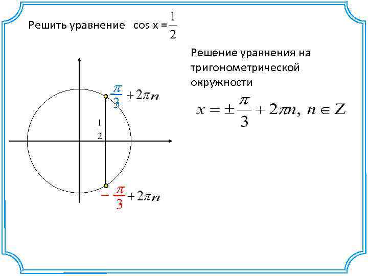 Cos x 1 решить тригонометрическое уравнение. Косинус равен 1/2 на окружности. Cosx 1 2 на окружности. Cosx=-1/2 на тригонометрический круг. Решение тригонометрических уравнений cosx a.