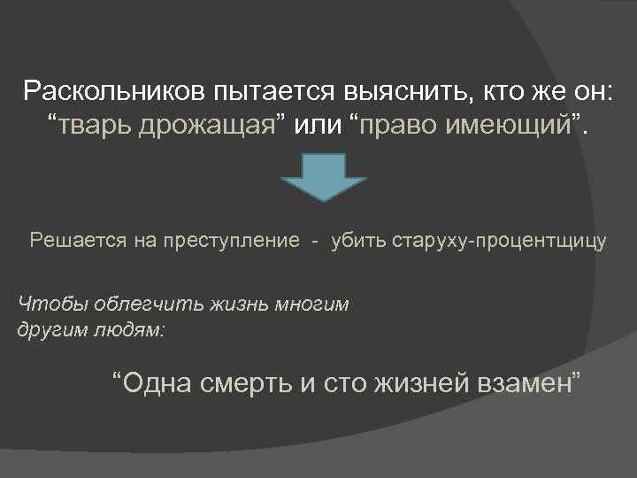 Раскольников пытается выяснить, кто же он: “тварь дрожащая” или “право имеющий”. Решается на преступление